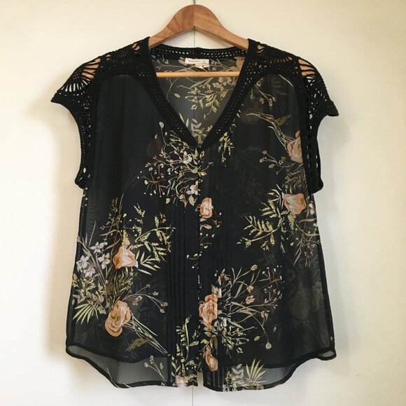 Anthropologie Meadow Rue Moody Black Floral Cotton Crochet Lace Pintuck Tank Top - Picture 1 of 16